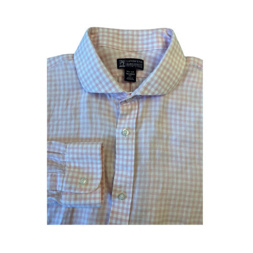 Lands End Mens Irish Linen Gingham Shirt Size‎ 15.5 - 34 Pink White